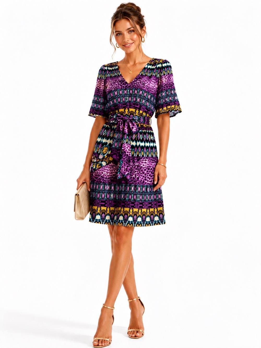 Silk Purple Printed V-Neck Tie-Waist Mini Dress CT